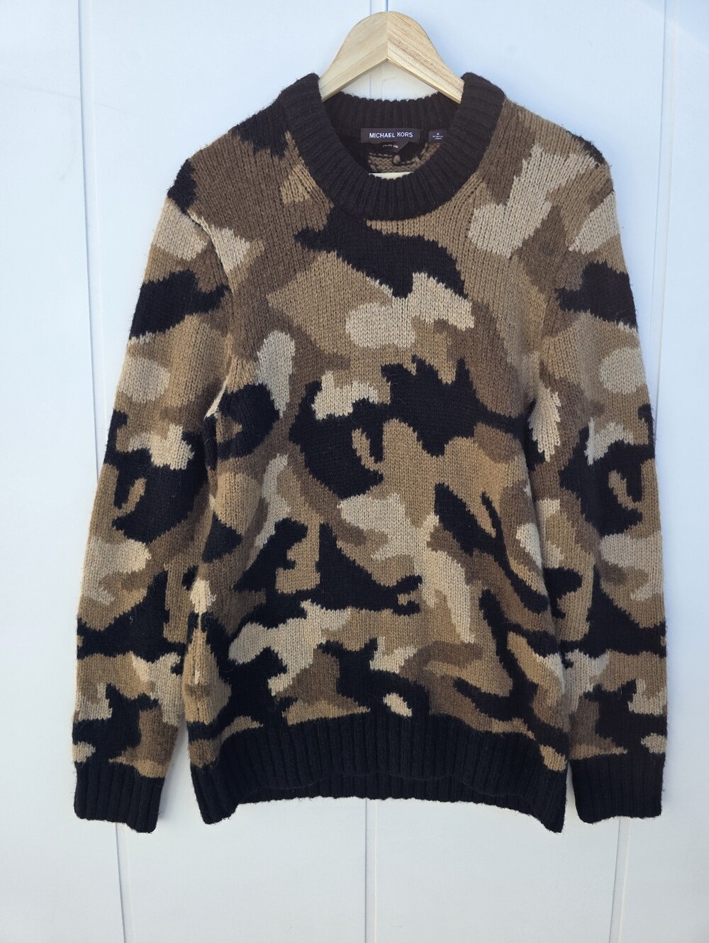 Michael Kors Camo Crewneck Italian Yarn Baby Alpaca Knit Sweater Womens Medium
